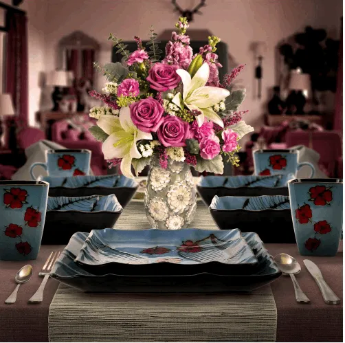 16 Piece Floral Accents Dinnerware Set Blue