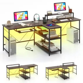 2-Person Reversible Computer Desk Long Office Desk with LED Lights-Walnut