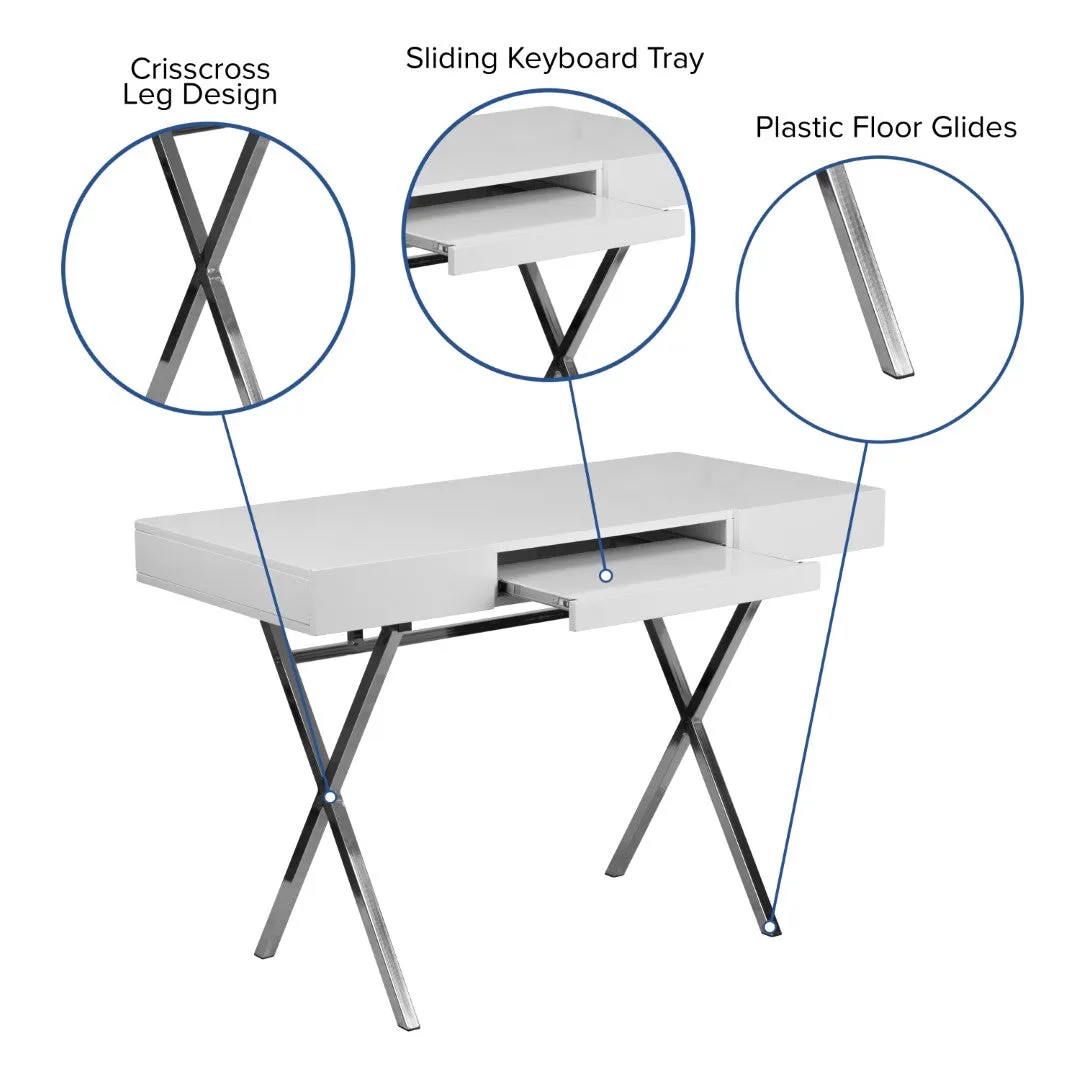 44.25'' Modern Computer Desk with Keyboard Tray & Drawers - White Finish