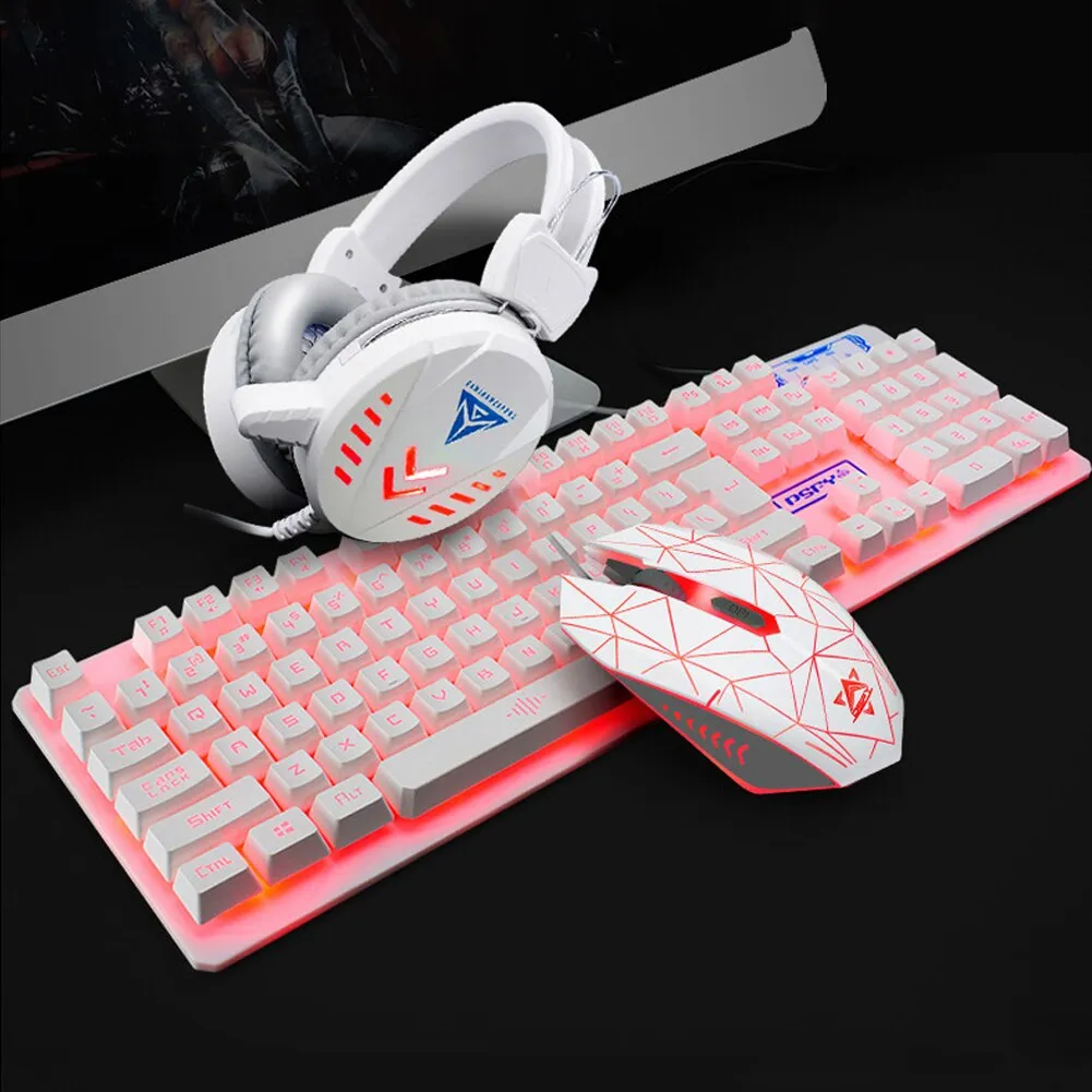 4pcs USB Backlight Ergonomic Mechanical Illuminated Computer Headset Gaming Mouse Pad Desktop Wired Keyboard Set Accessories