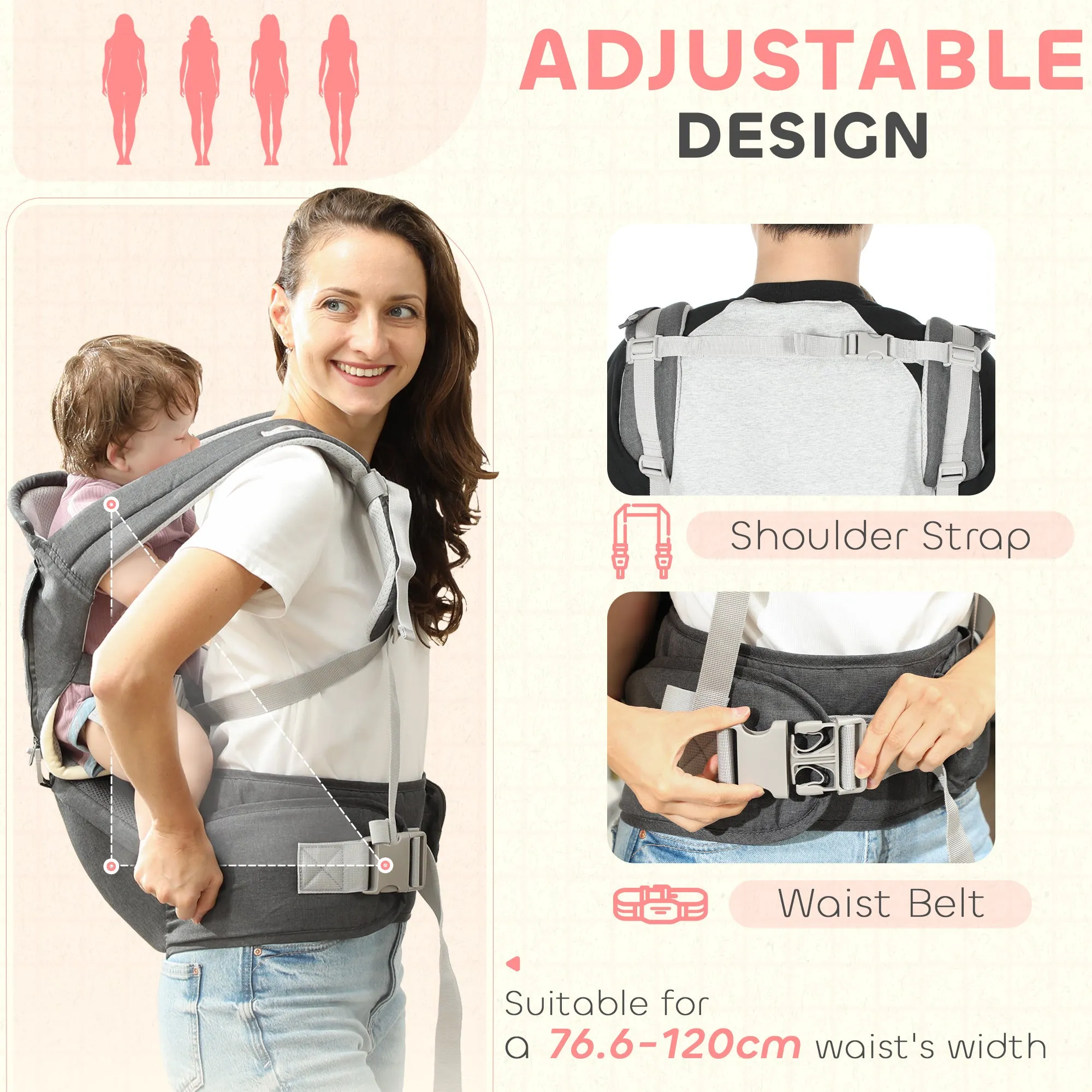 6 in 1 Baby Carrier Newborn to Toddler with Removable Seat, Grey