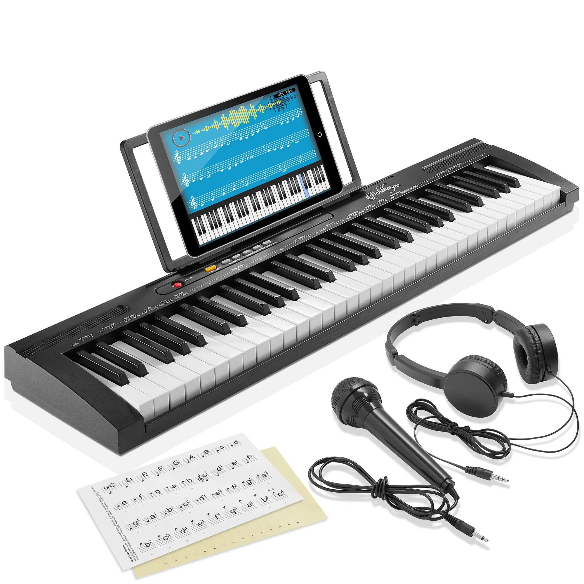 61-Key Digital Keyboard Piano with Full-Size Keys - Includes Headphones and Mic