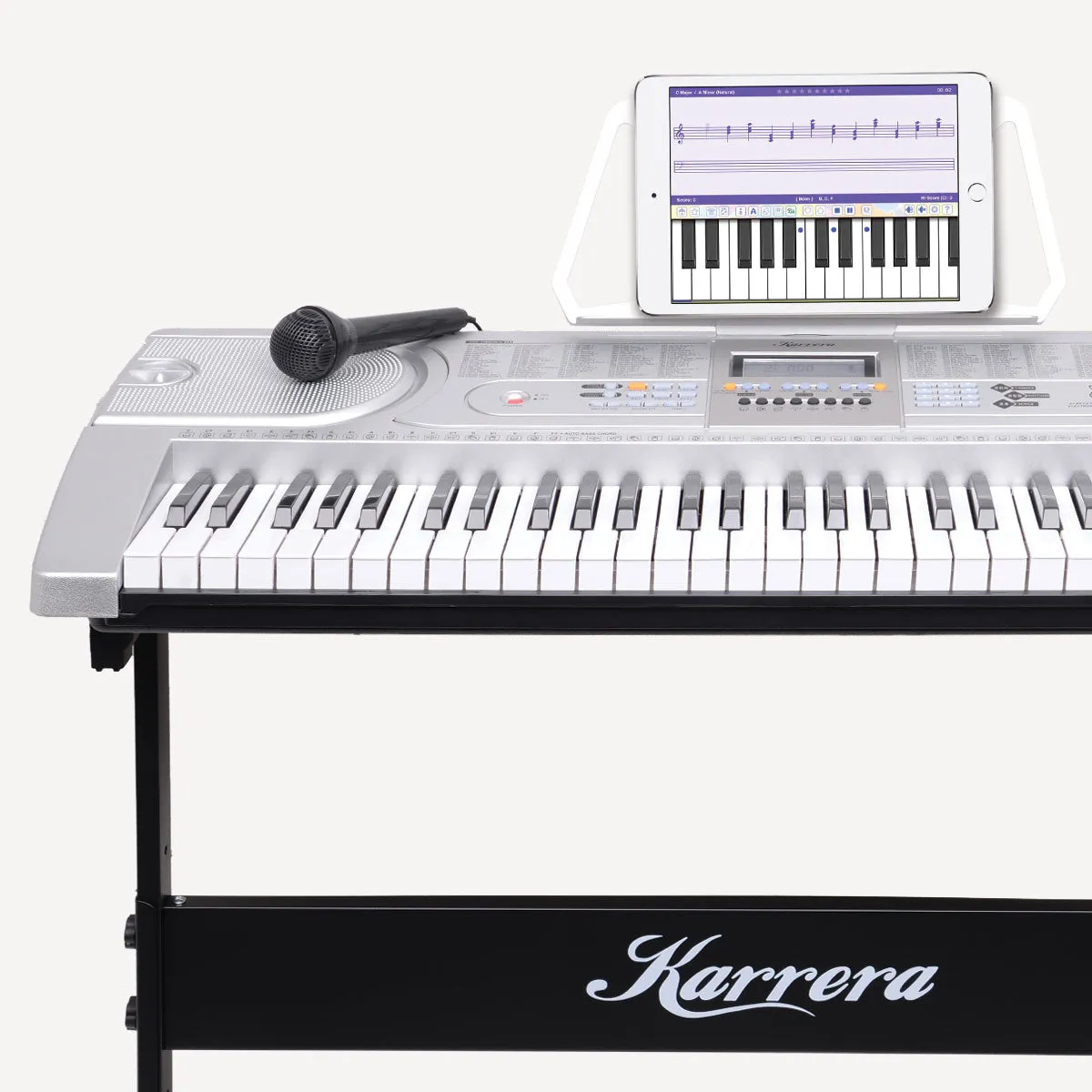 61-Key LED Keyboard Piano w/ Stand, 255 Rhythms, Silver, Karrera