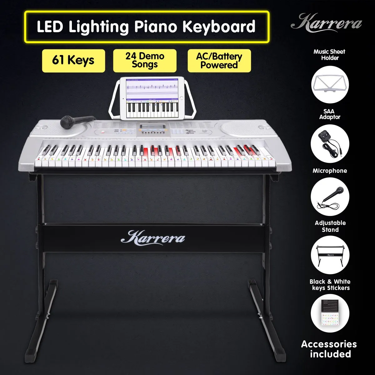 61-Key LED Keyboard Piano w/ Stand, 255 Rhythms, Silver, Karrera