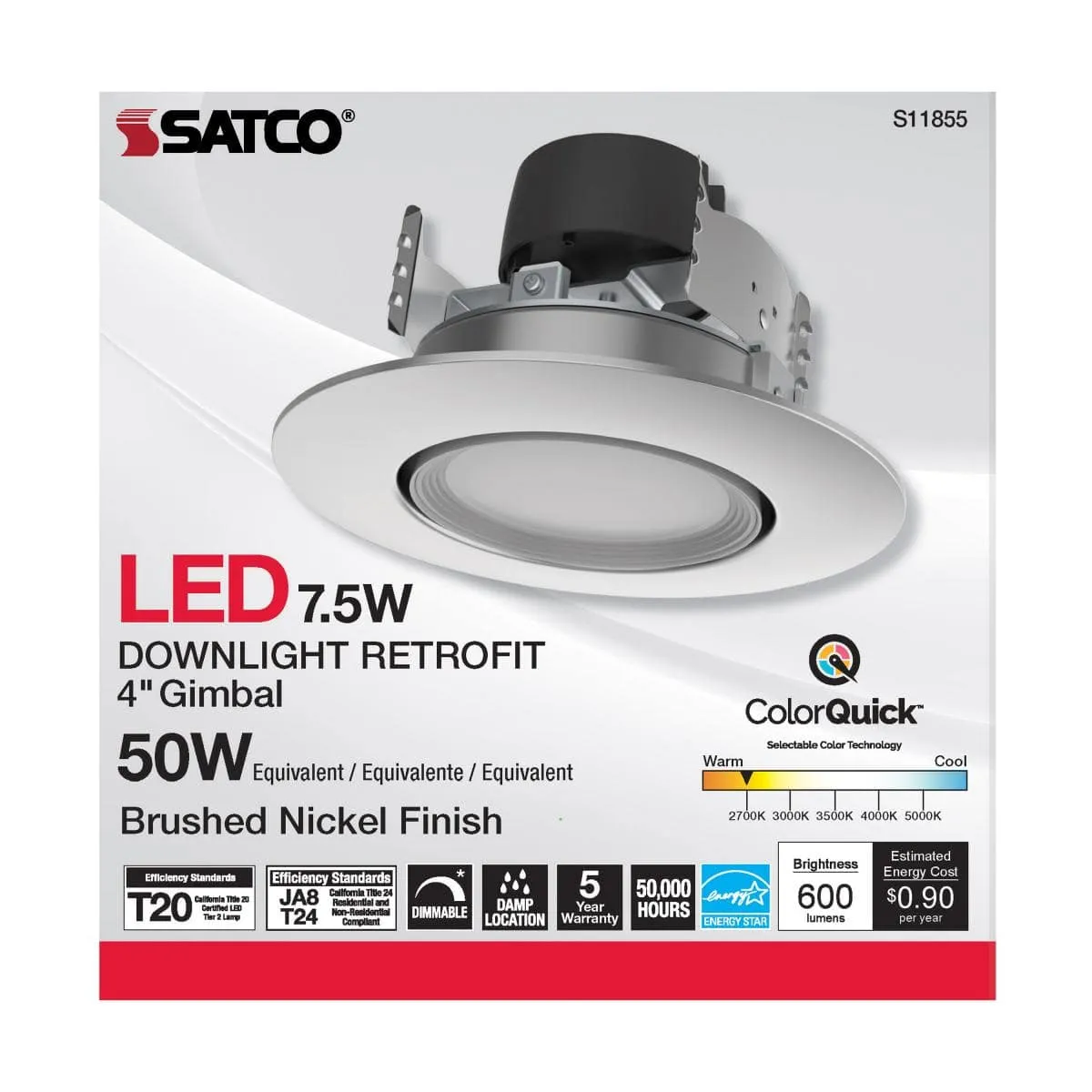 7.5 Watt; LED Retrofit Downlight; Gimbaled; 120 Volt; CCT Selectable; Brushed Nickel Finish