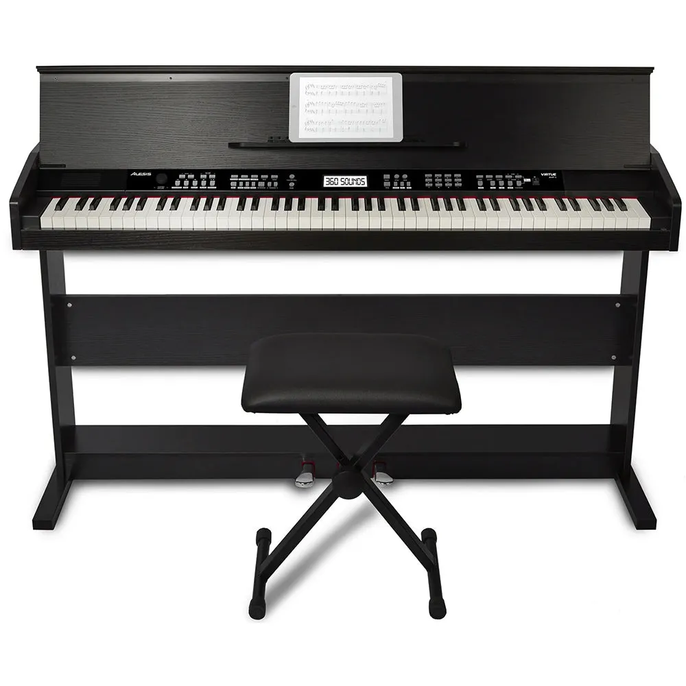 Alesis Virtue 88 Key Electronic Upright Piano with 360 Premium Voices USB MIDI 1/4-Inch AUX Output and Built-In Effects Pedals (Piano Bench included) (Black, White)