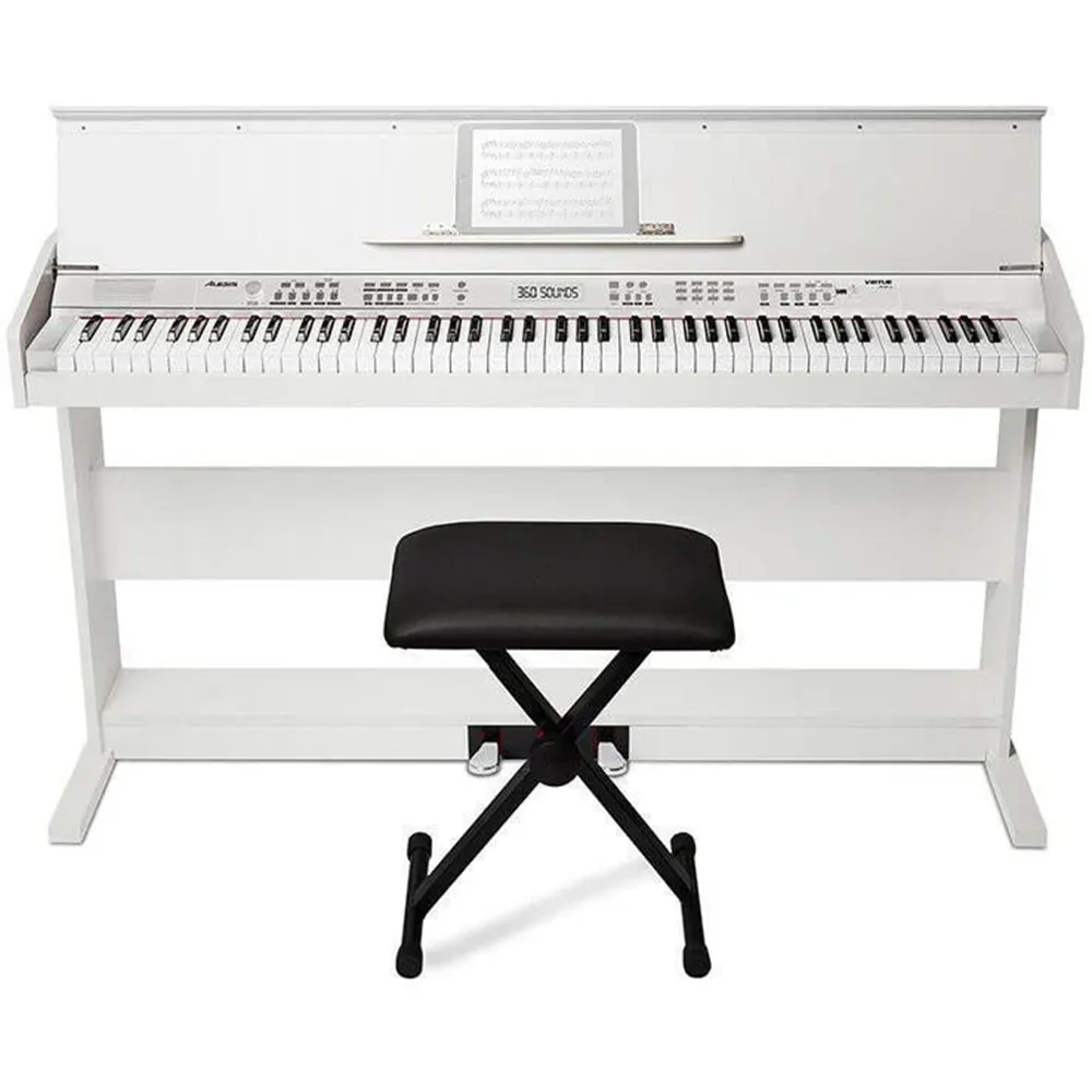 Alesis Virtue 88 Key Electronic Upright Piano with 360 Premium Voices USB MIDI 1/4-Inch AUX Output and Built-In Effects Pedals (Piano Bench included) (Black, White)