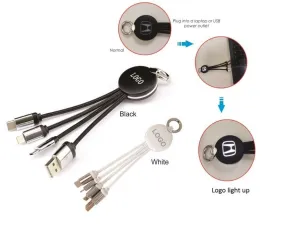 All in One USB charging cable with light up logo area - Black