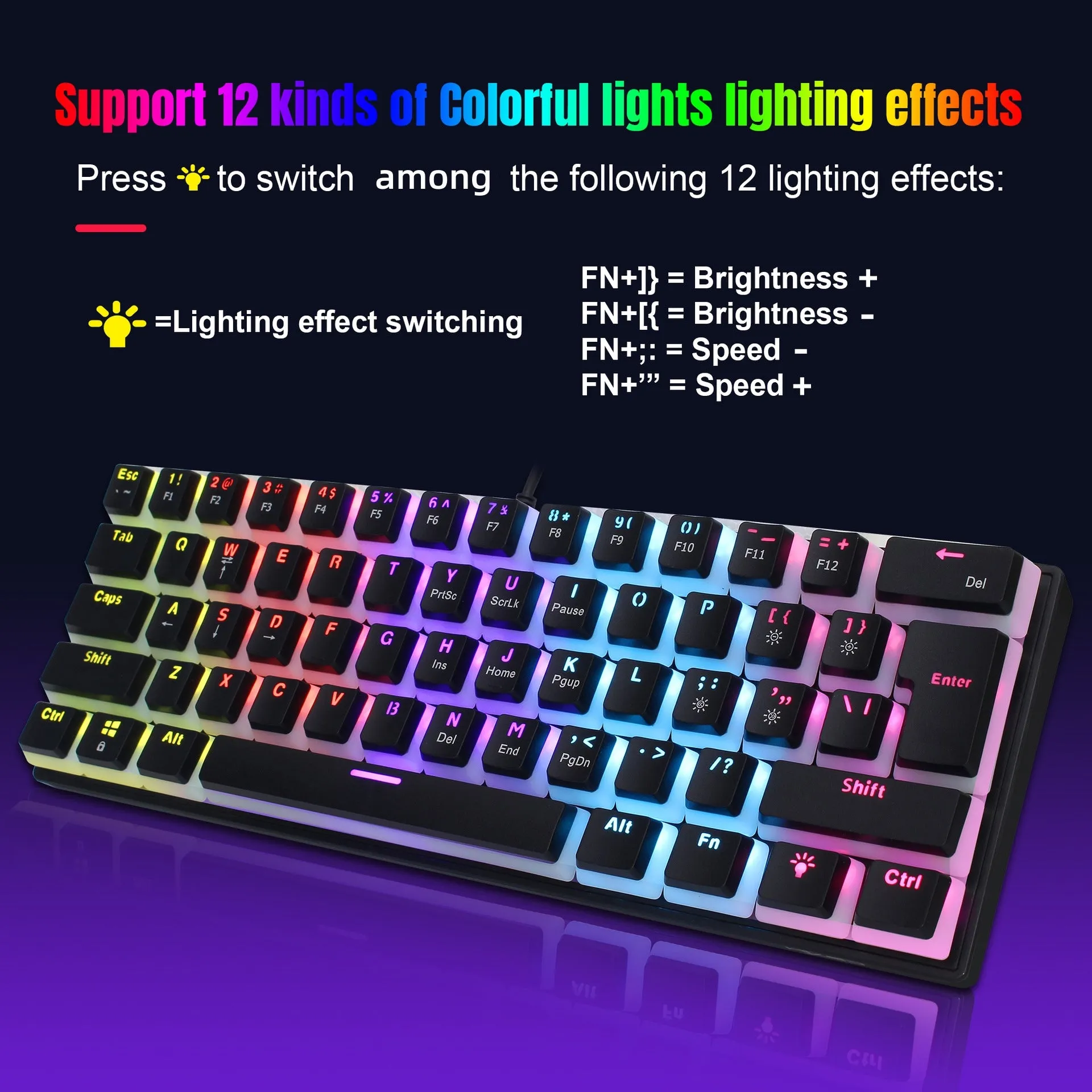 Anti-ghosting Ultra Compact 61 Keys Wired Gaming Keyboard with Colorful Backlit for Windows / Mac