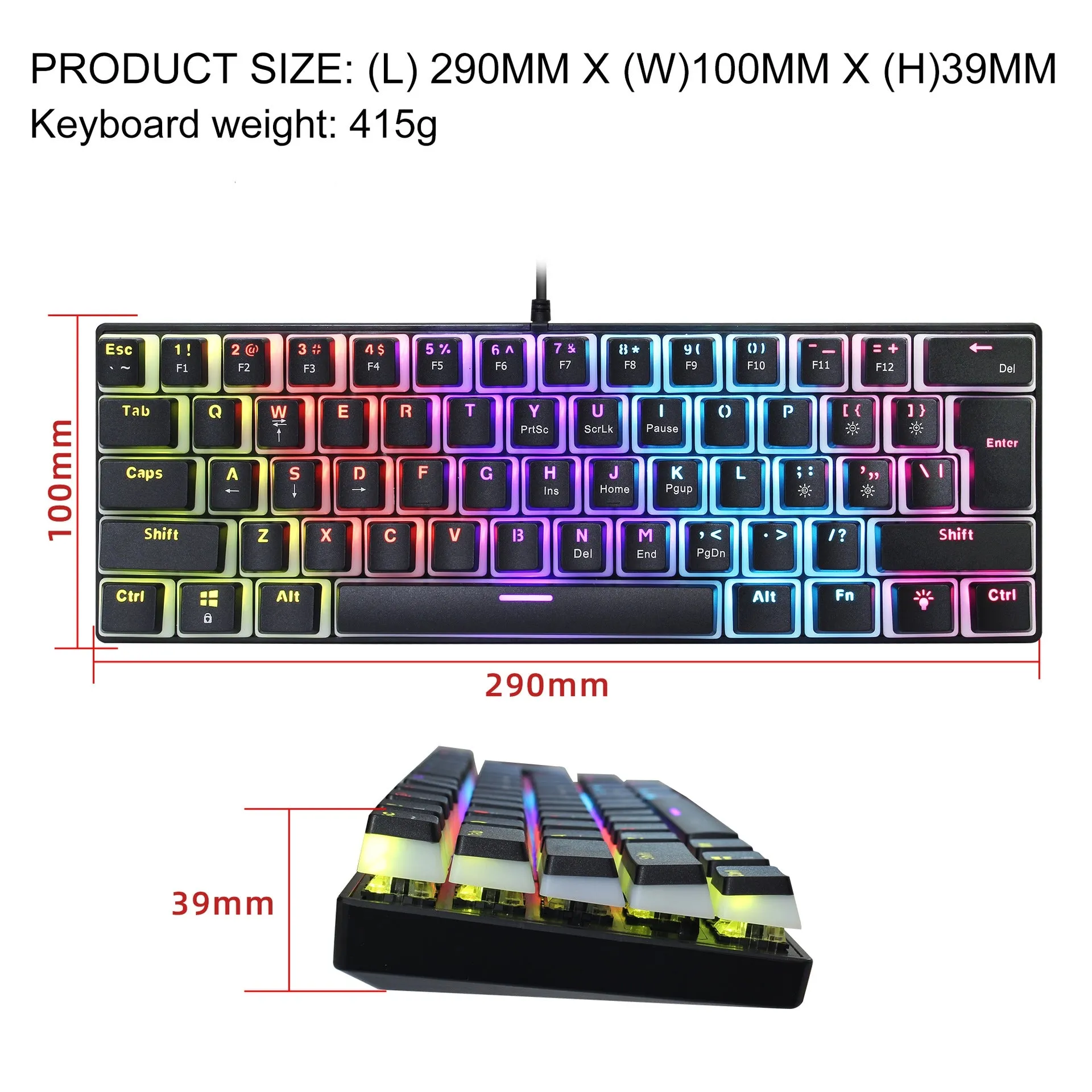 Anti-ghosting Ultra Compact 61 Keys Wired Gaming Keyboard with Colorful Backlit for Windows / Mac