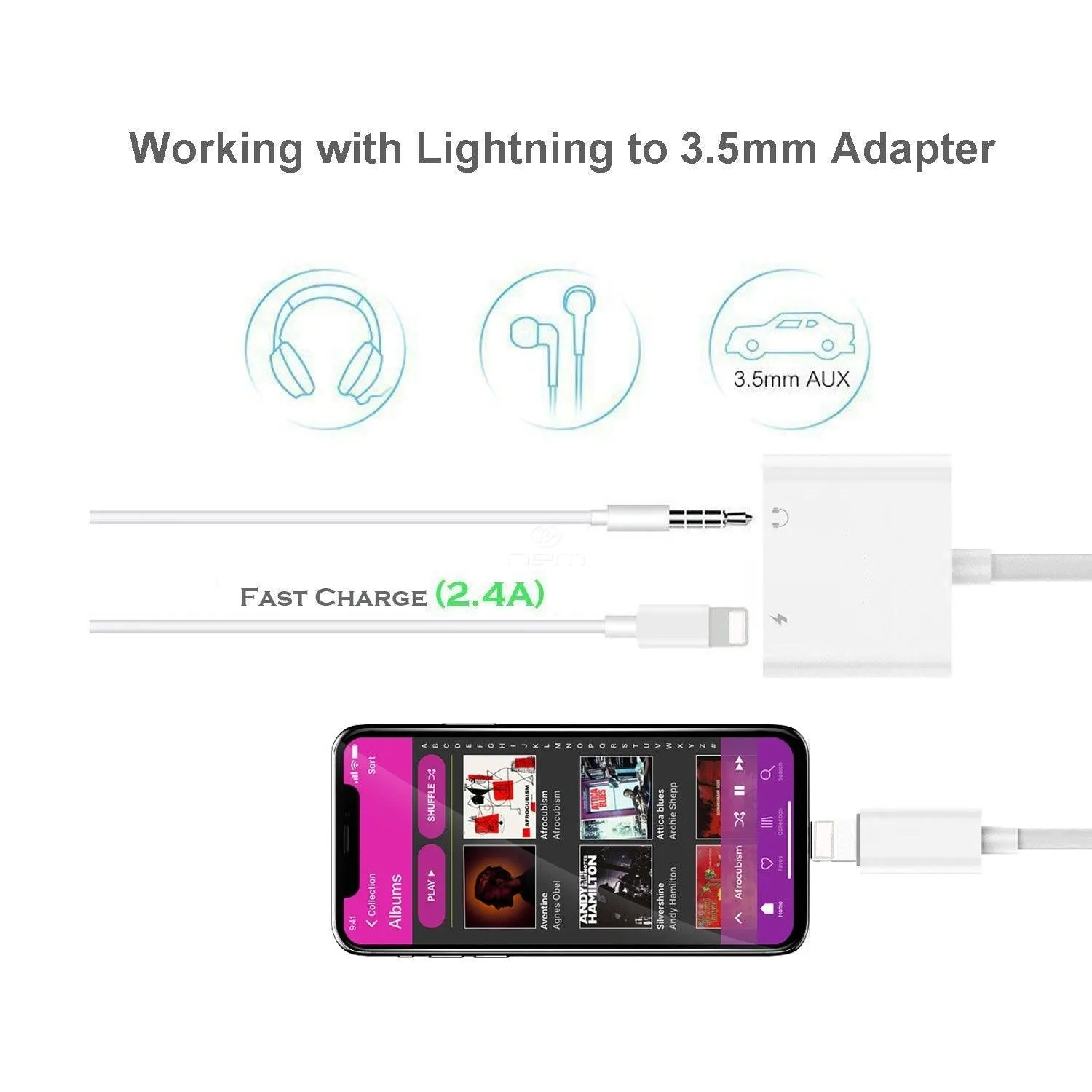 Apple iPhone / iPad Dual Charging Lightning and Headphones Earphones 3.5mm Audio Jack and Adapter Cable White by Modes