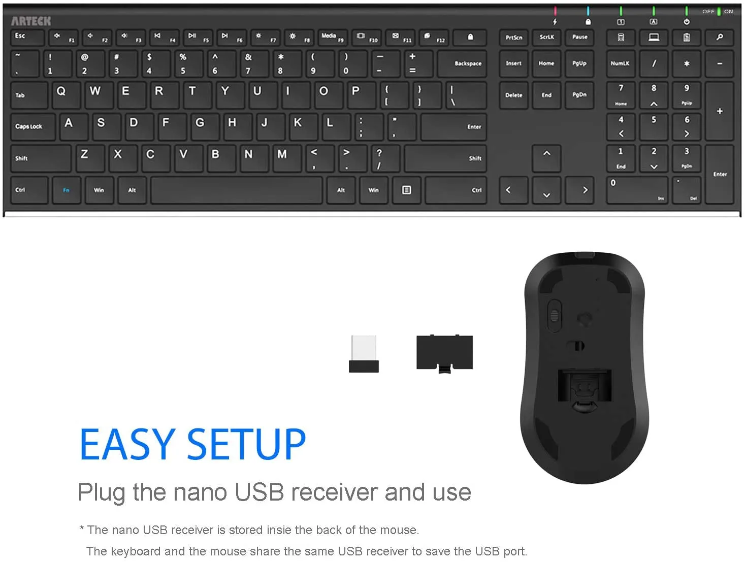 Arteck 2.4G Wireless Keyboard and Mouse Combo Stainless Steel Ultra Slim Full Size Keyboard and Ergonomic Mice for Computer Desktop PC Laptop and Windows 11/10/8 Build in Rechargeable Battery