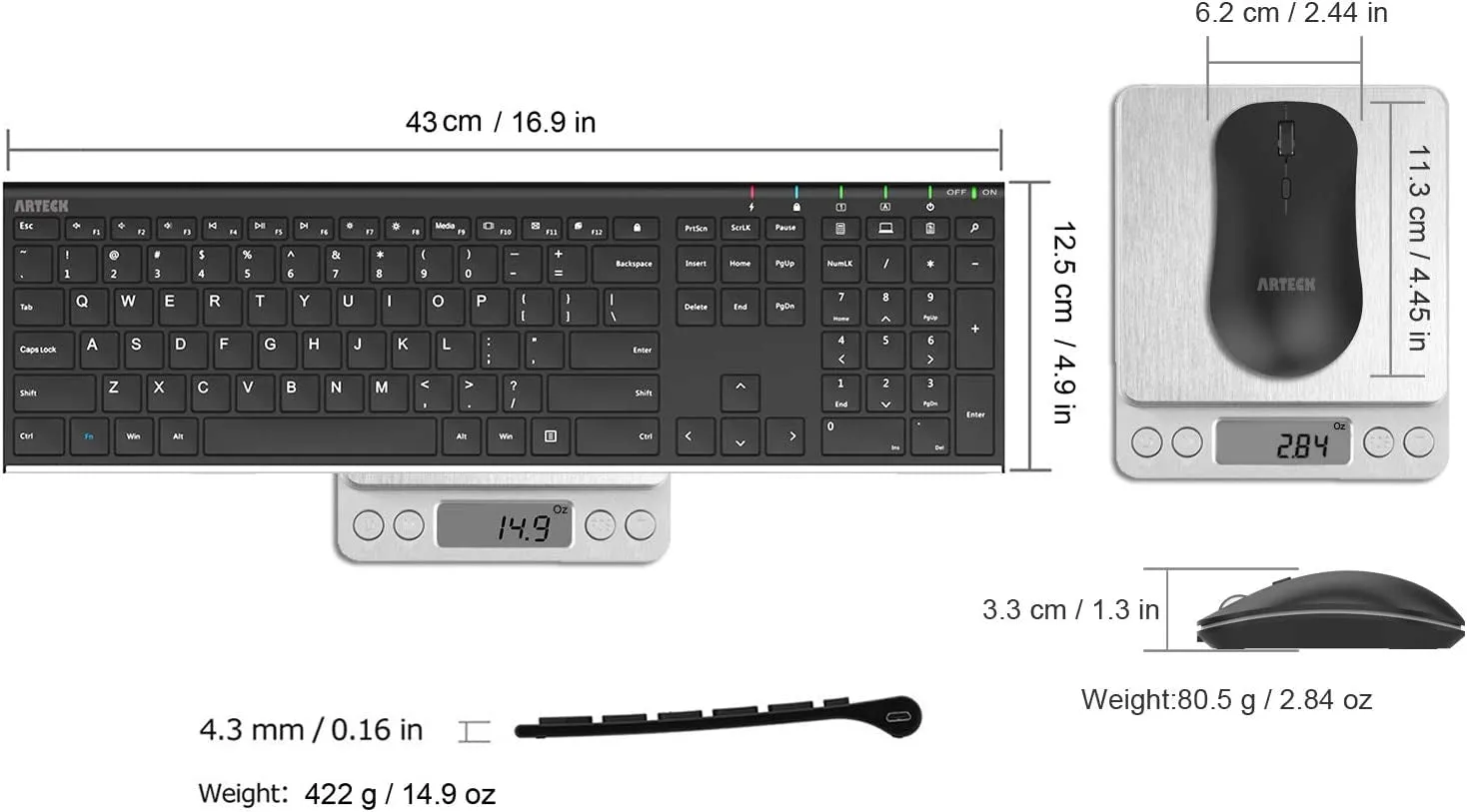 Arteck 2.4G Wireless Keyboard and Mouse Combo Stainless Steel Ultra Slim Full Size Keyboard and Ergonomic Mice for Computer Desktop PC Laptop and Windows 11/10/8 Build in Rechargeable Battery