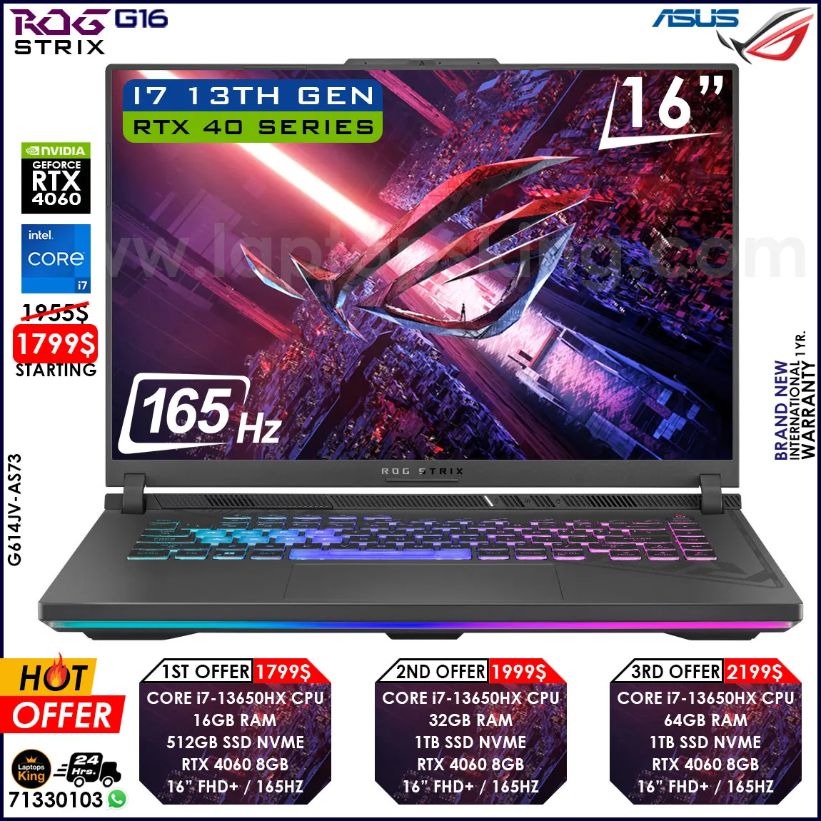 Asus Rog Strix G16 G614JV-AS73 Core i7-13650hx Rtx 4060 165hz RGB Gaming Laptop Offers (Brand New)