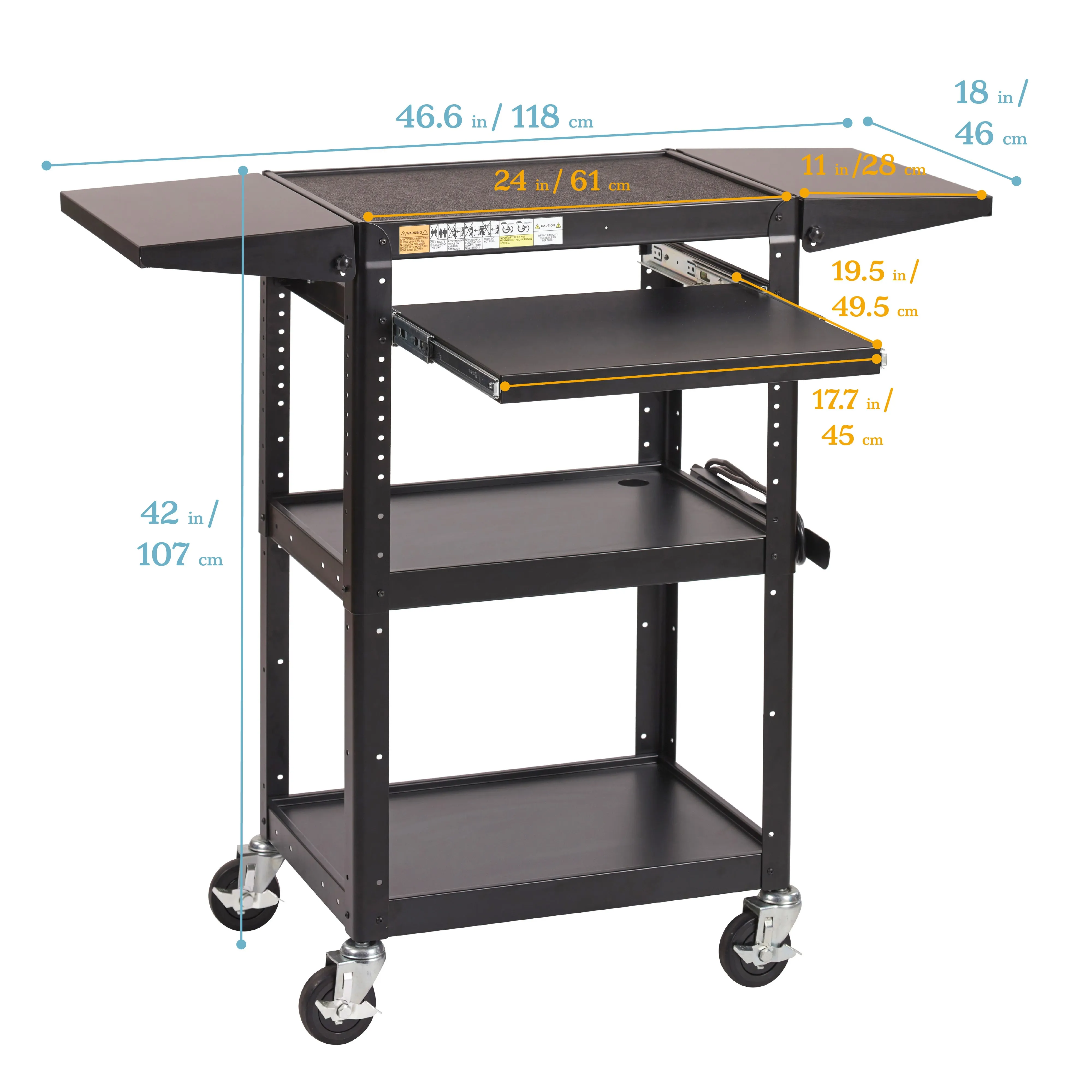 AV Presentation Cart Stand with Drop Leaves, Rolling Storage, Black