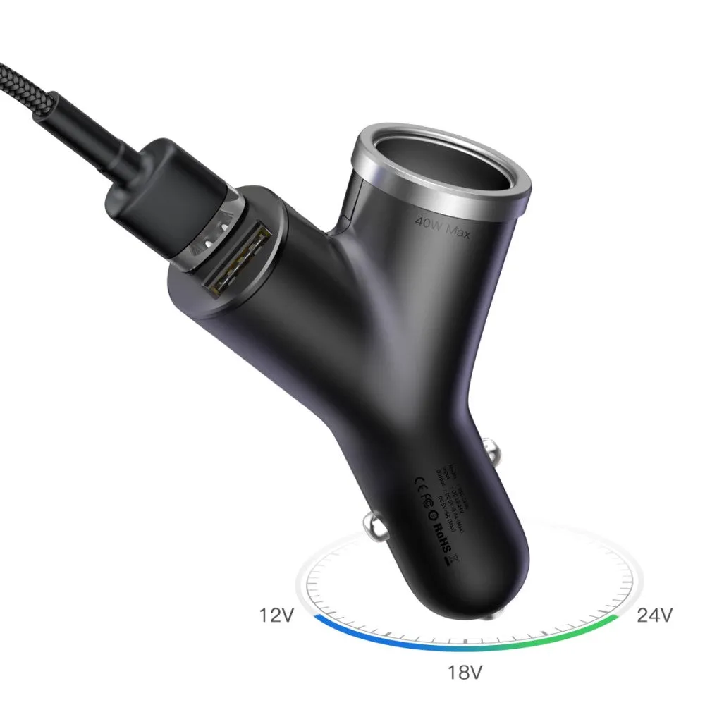 Baseus - (40W) 2x USB A Car Charger with Cigarette Lighter - Black