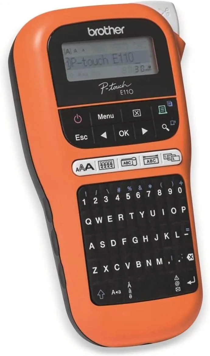 Brother PT-E110 Label Maker, P-Touch Electrician Label Printer, Handheld, QWERTY Keyboard, Up to 12mm Labels, Includes 12mm Black on White Tape Cassette