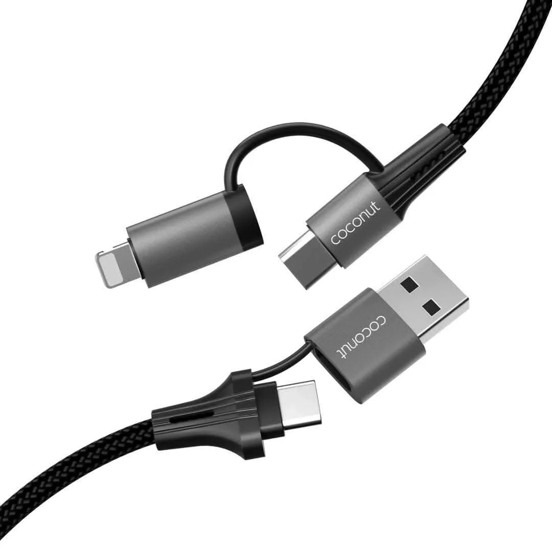 Coconut C21 4 in 1 Charging Cable - 1M Lightning, Type C, MicroUSB -(Pack of 3)