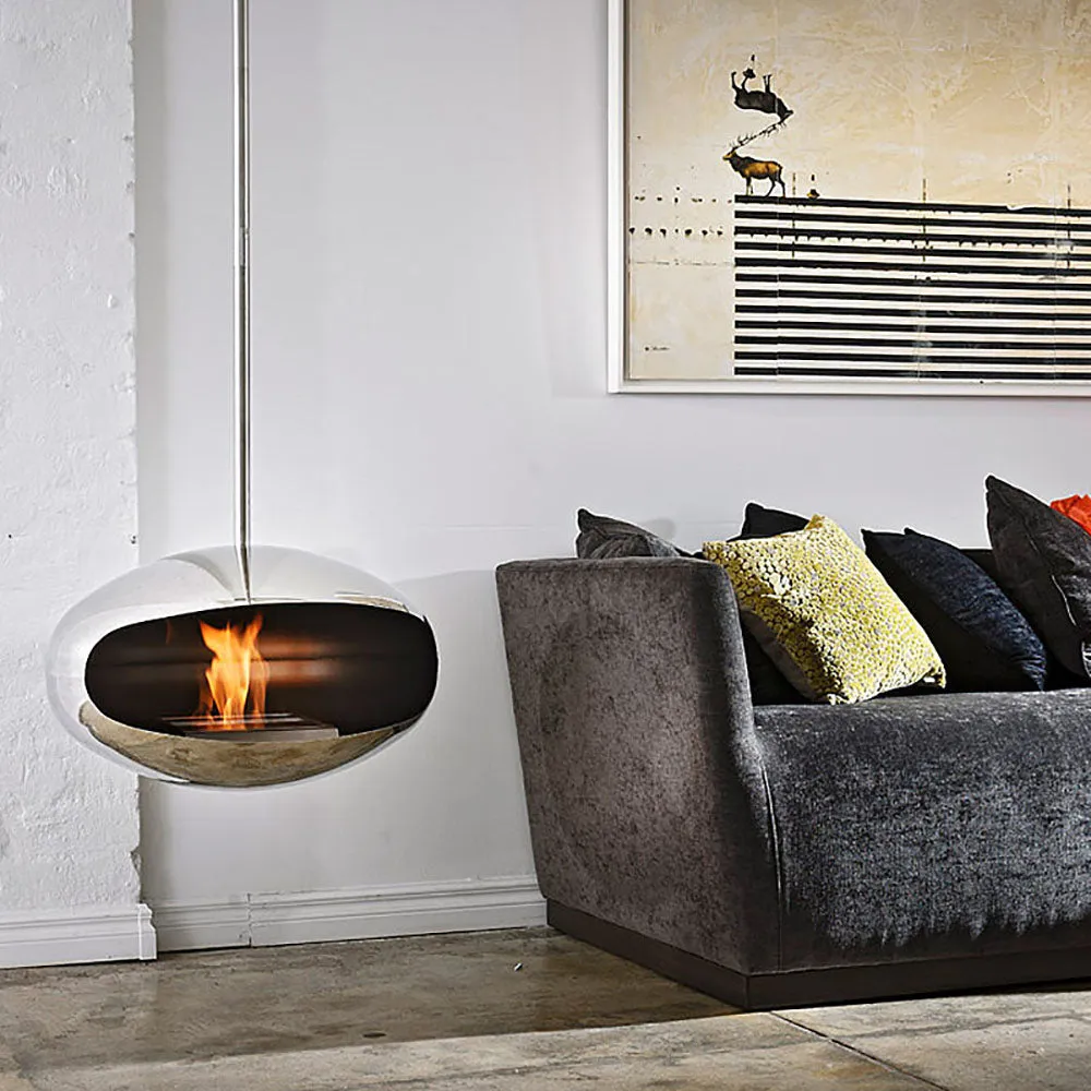 cocoon fires | aeris hanging fireplace | stainless steel   steel rod