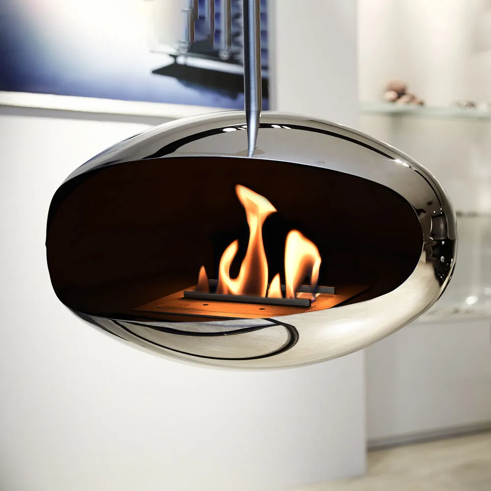 cocoon fires | aeris hanging fireplace | stainless steel   steel rod