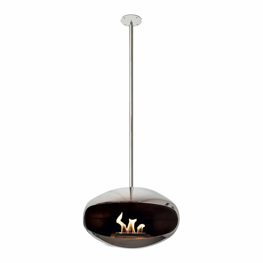 cocoon fires | aeris hanging fireplace | stainless steel   steel rod