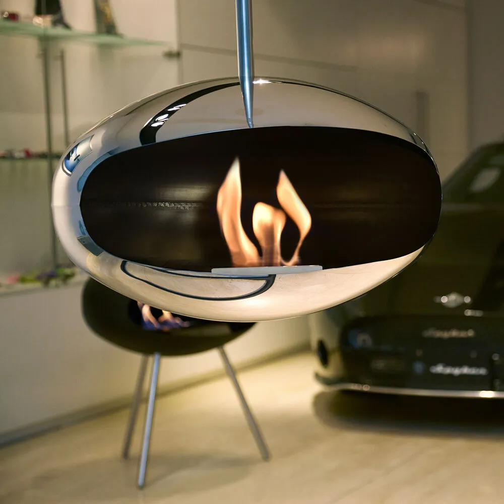 cocoon fires | aeris hanging fireplace | stainless steel   steel rod