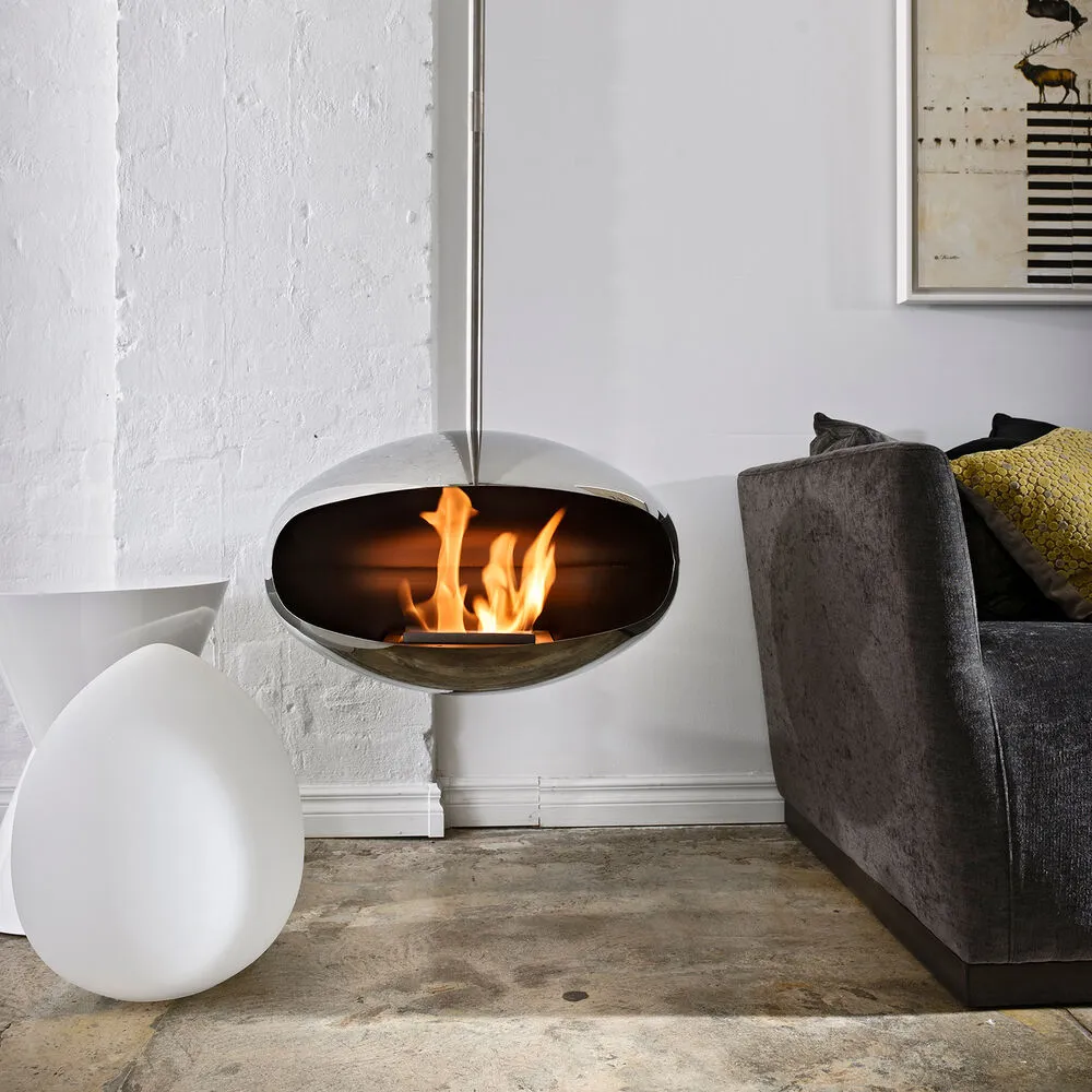 cocoon fires | aeris hanging fireplace | stainless steel   steel rod