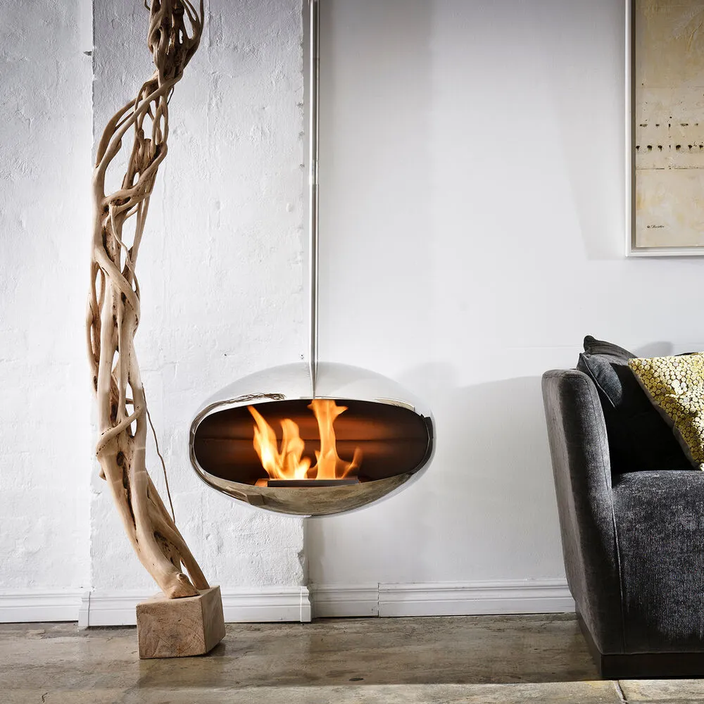 cocoon fires | aeris hanging fireplace | stainless steel   steel rod