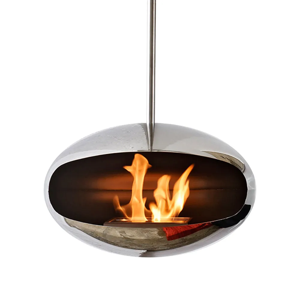 cocoon fires | aeris hanging fireplace | stainless steel   steel rod