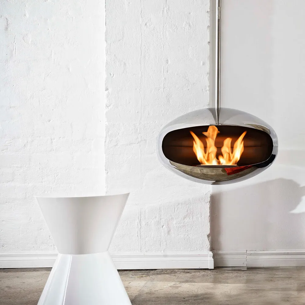 cocoon fires | aeris hanging fireplace | stainless steel   steel rod