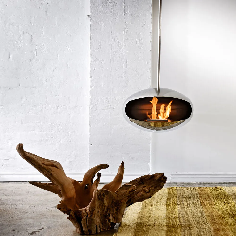 cocoon fires | aeris hanging fireplace | stainless steel   steel rod