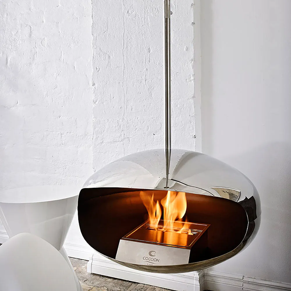 cocoon fires | aeris hanging fireplace | stainless steel   steel rod