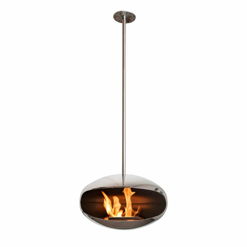 cocoon fires | aeris hanging fireplace | stainless steel   steel rod