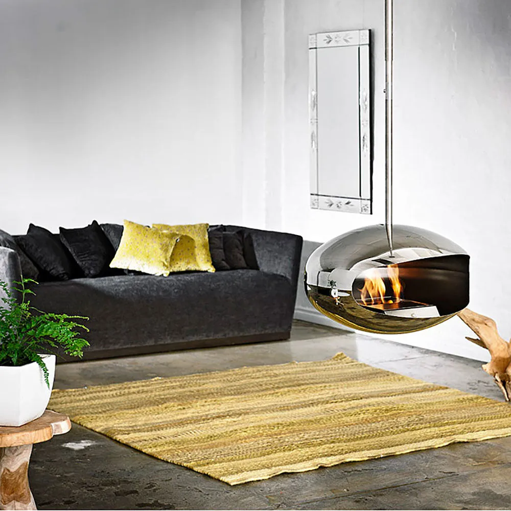 cocoon fires | aeris hanging fireplace | stainless steel   steel rod