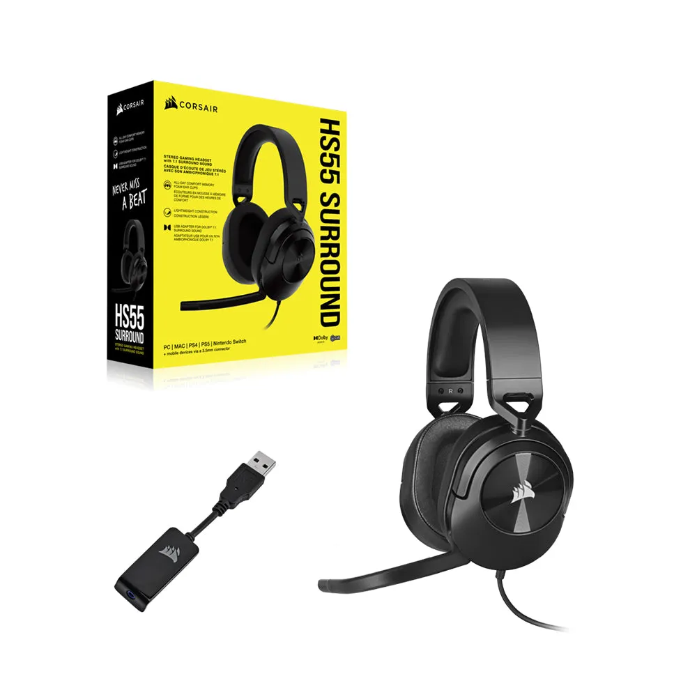 CORSAIR HS55 Wired Gaming Headphone with On-Ear Controls, Dolby Audio 7.1 Surround and Omnidirectional Flip to Mute Microphone and iCUE EQ Equalizer App Support for PC Computer Laptop and Gaming Consoles (Carbon, White)