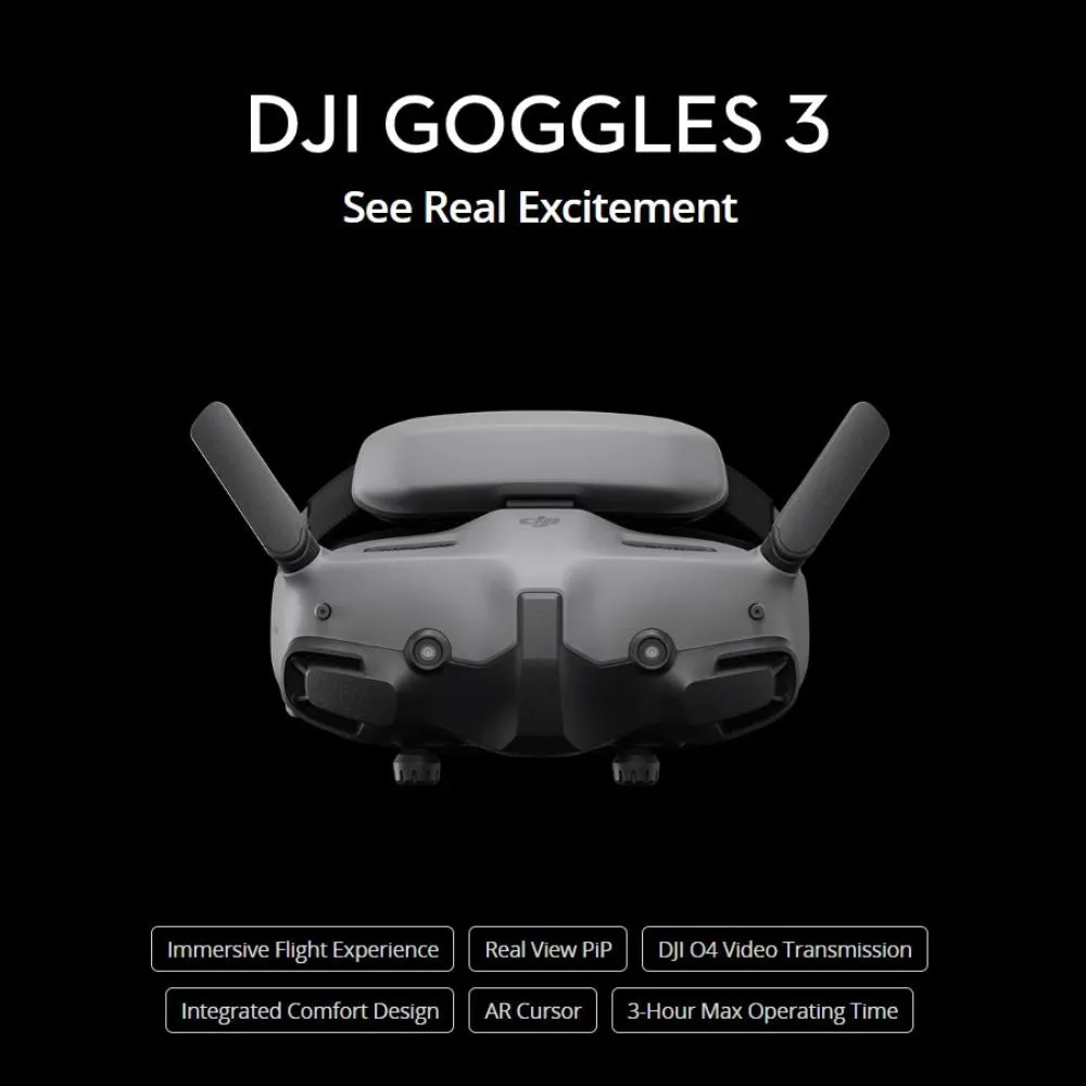 DJI Goggles 3 Immersive FPV Headset for Avata 2, Mini 4 Pro, and Air 3 Drones, and RC Motion 3, FPV Remote Controller 3, RC-N2, and RC 2 Controllers with Real View PiP, O4 Video Transmission, AR Cursor, and 3-Hour Max Battery Life