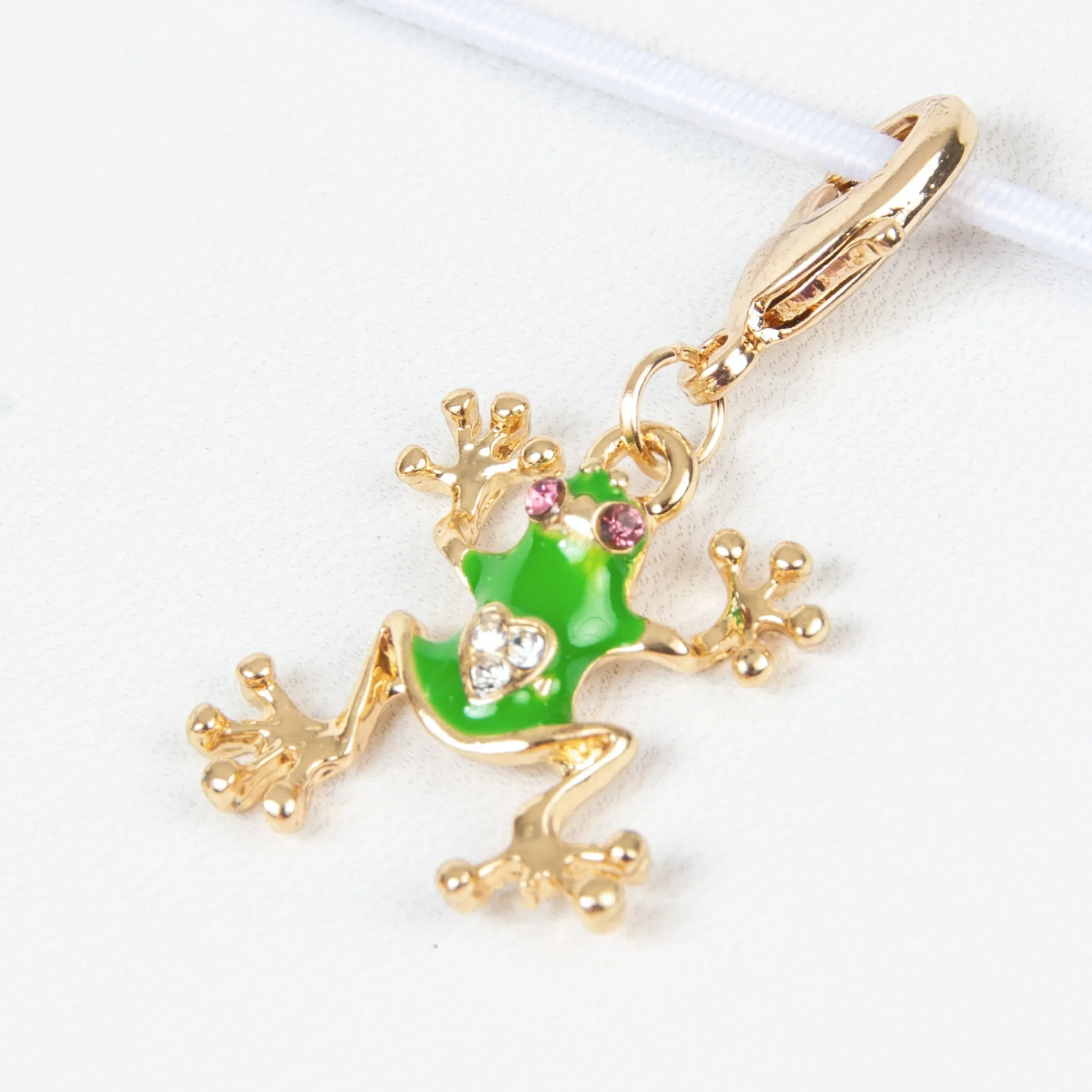 Green Enamel Frog Charm with Rhinestone Accents