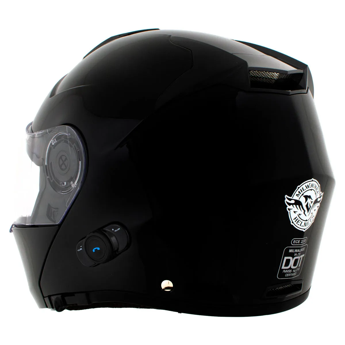 H7000 Glossy Black 'Mayday' Modular Motorcycle Helmet w/ Intercom - Built-in Speaker and Microphone for Men / Women