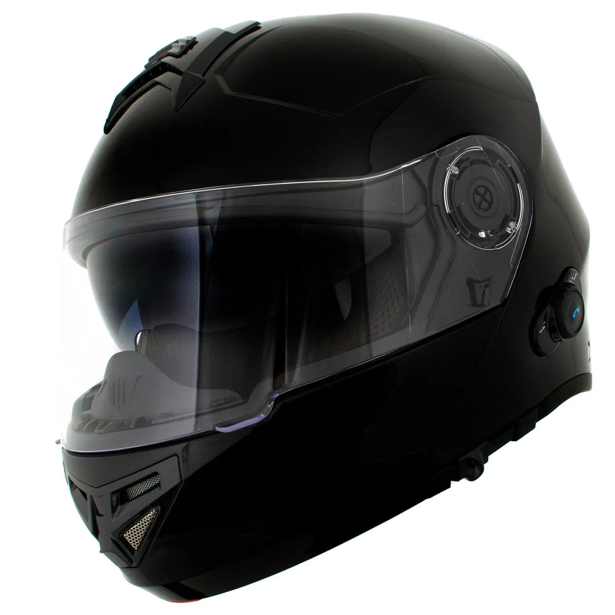 H7000 Glossy Black 'Mayday' Modular Motorcycle Helmet w/ Intercom - Built-in Speaker and Microphone for Men / Women