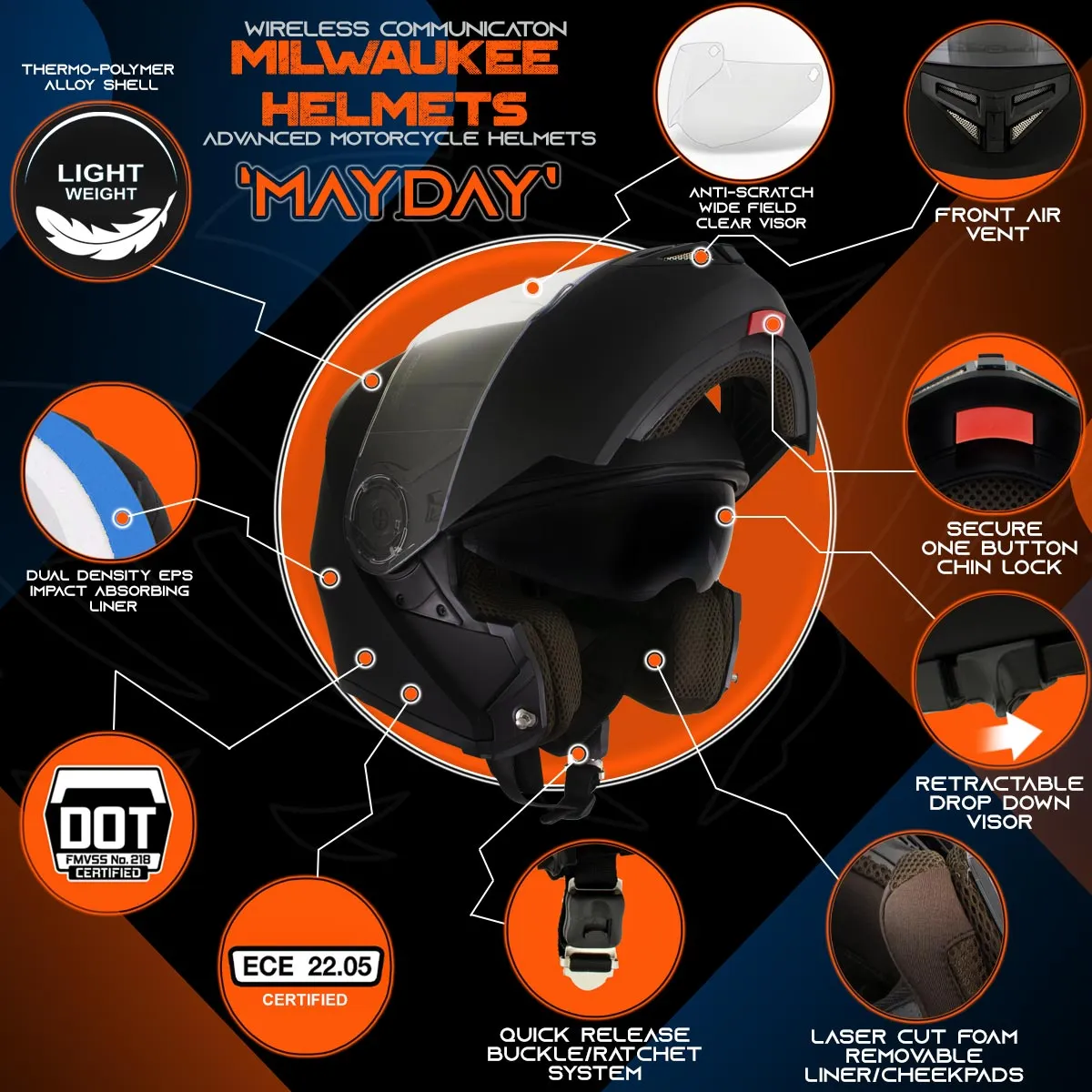 H7000 Glossy Black 'Mayday' Modular Motorcycle Helmet w/ Intercom - Built-in Speaker and Microphone for Men / Women