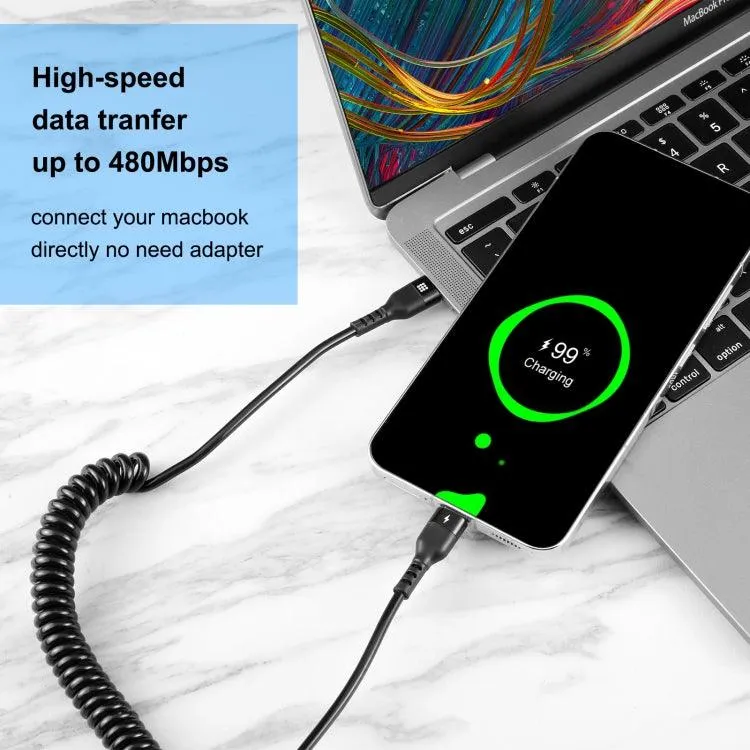 HAWEEL 2m 5A Retractable Coiled USB-C Fast Charging Cable - PD Compatible with Multiple Devices