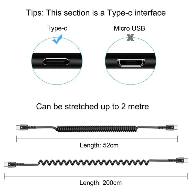 HAWEEL 2m 5A Retractable Coiled USB-C Fast Charging Cable - PD Compatible with Multiple Devices