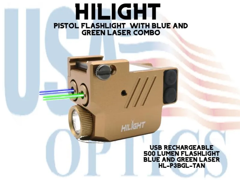 HILIGHT, HL-P3BGL-TAN, PISTOL FLASHLIGHT WITH BLUE AND GREEN LASER COMBO - TAN