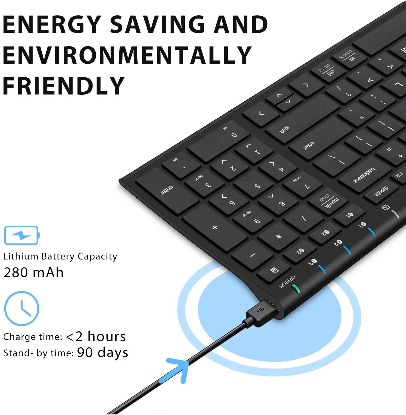 iClever BK10 Universal Bluetooth Wireless Keyboard with Rechargeable Ultra-Slim with Number Pad, Ergonomic Design, Full Size, Stable Connection for Windows, iOS, Android, (GREEN, BLACK) BK-10 BK 10