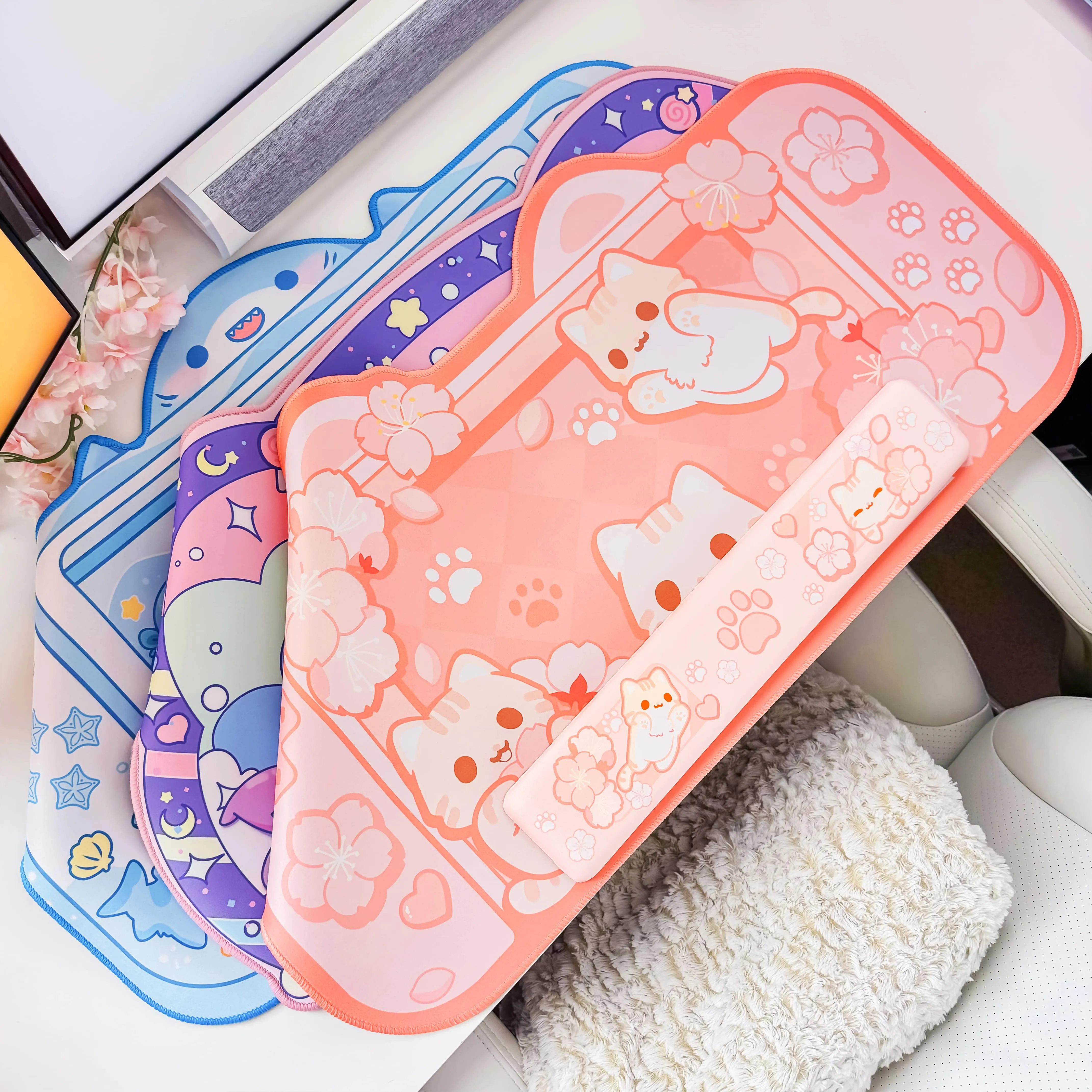 Kawaii Desk Mat Bundle – 3 Pack Anime Kirby Sakura Shark Mousepads