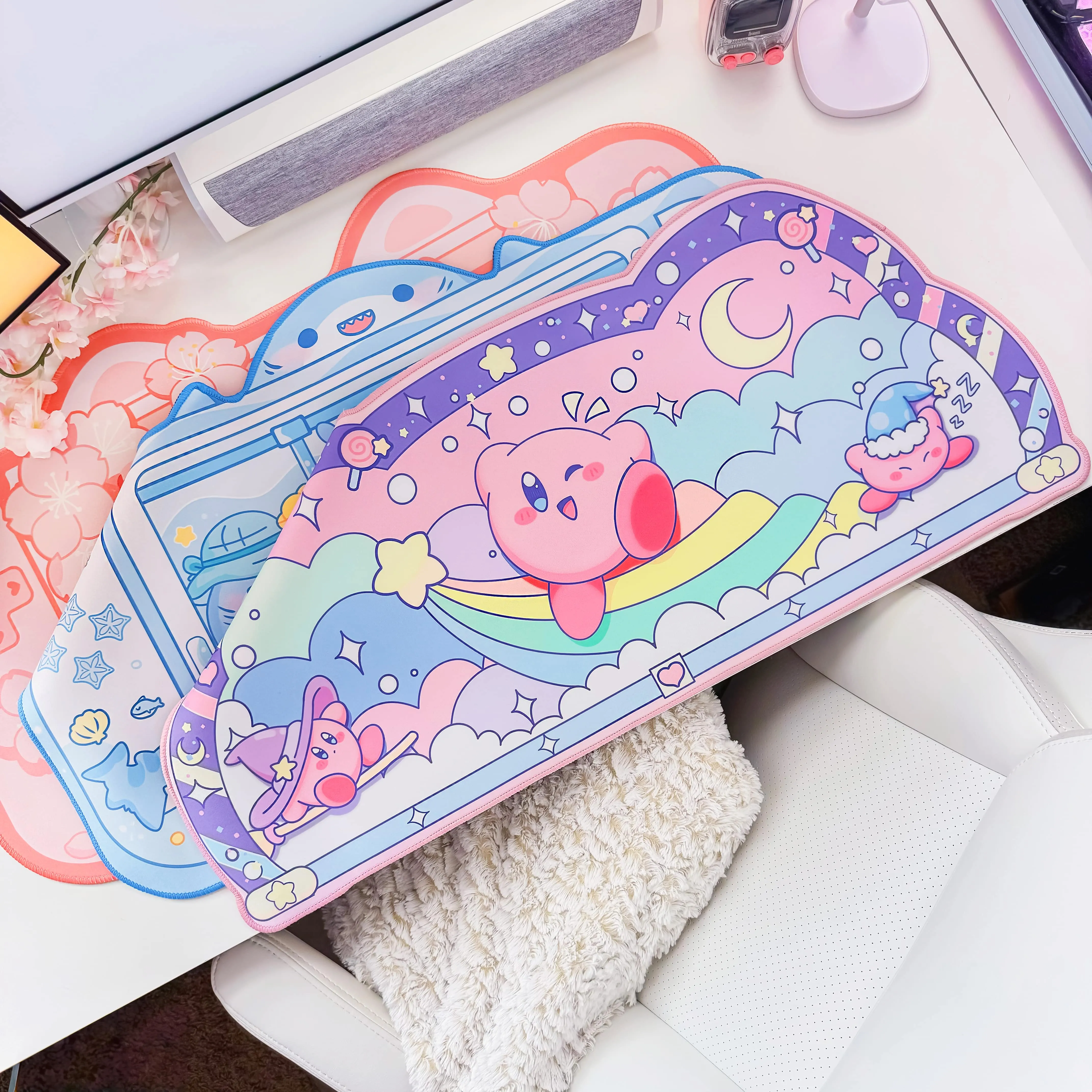 Kawaii Desk Mat Bundle – 3 Pack Anime Kirby Sakura Shark Mousepads