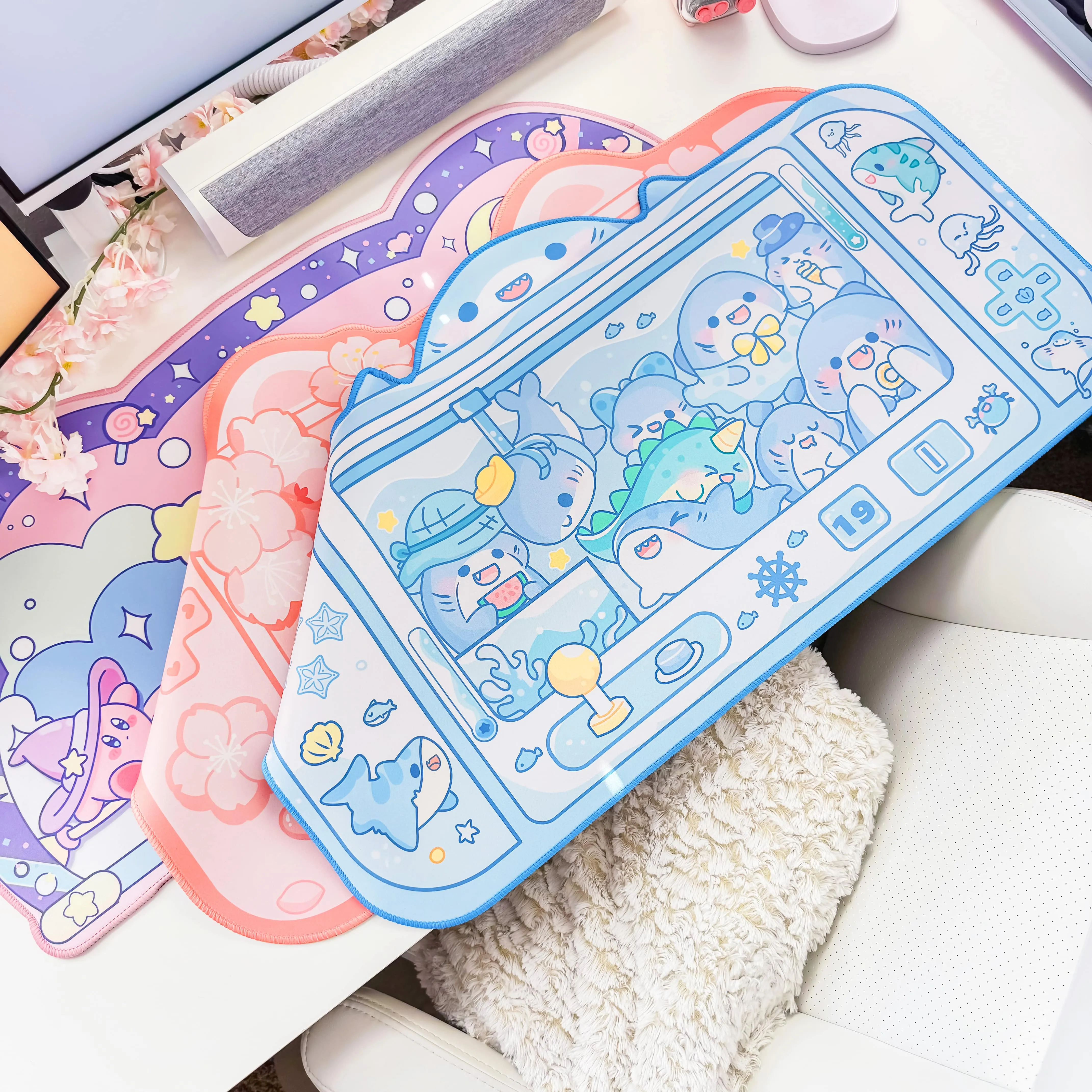 Kawaii Desk Mat Bundle – 3 Pack Anime Kirby Sakura Shark Mousepads