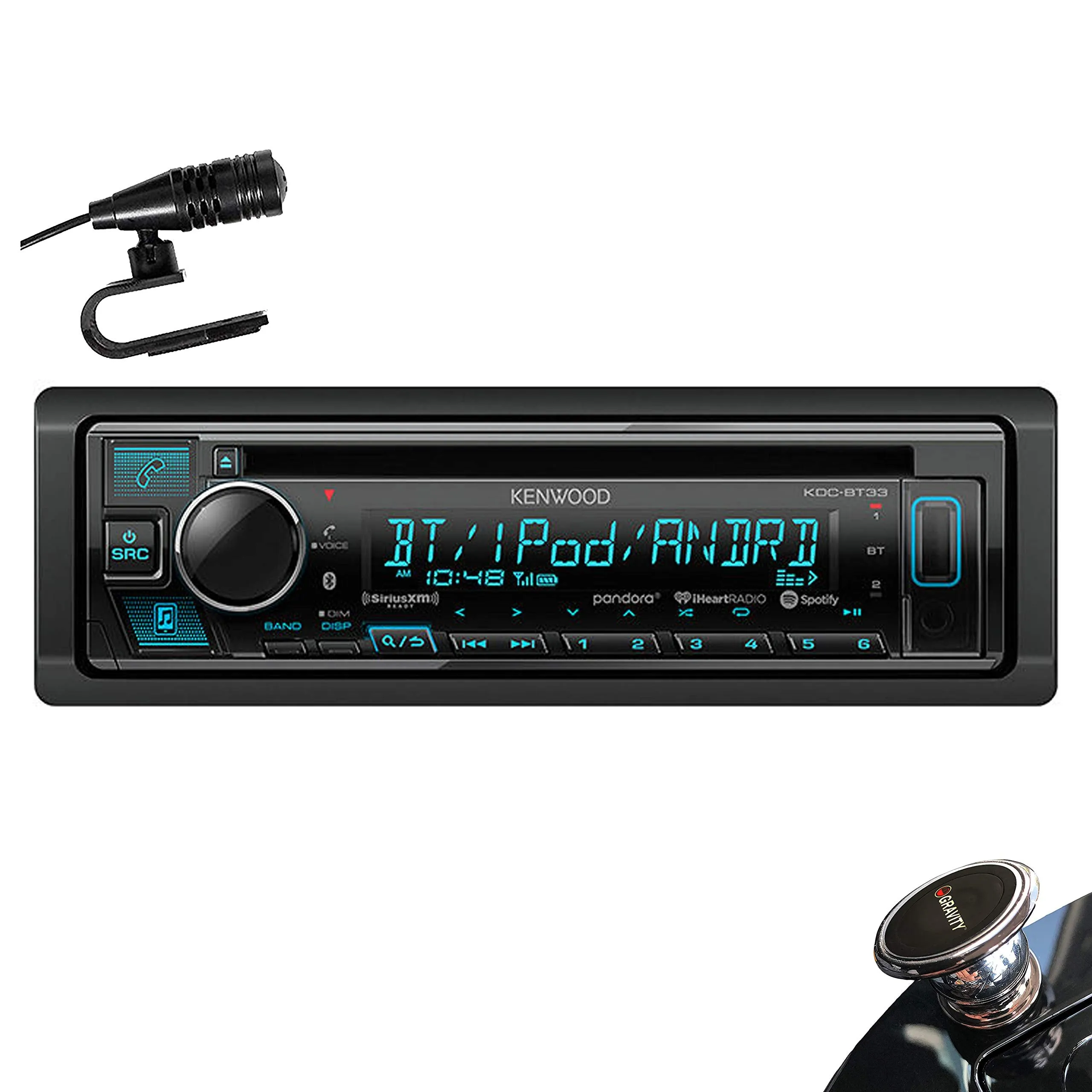 Kenwood KDC-BT33 Single DIN SiriusXM Ready Bluetooth in-Dash CD/AM/FM Car Stereo Receiver w/Pandora, Spotify Control   Gravity Magnet Holder