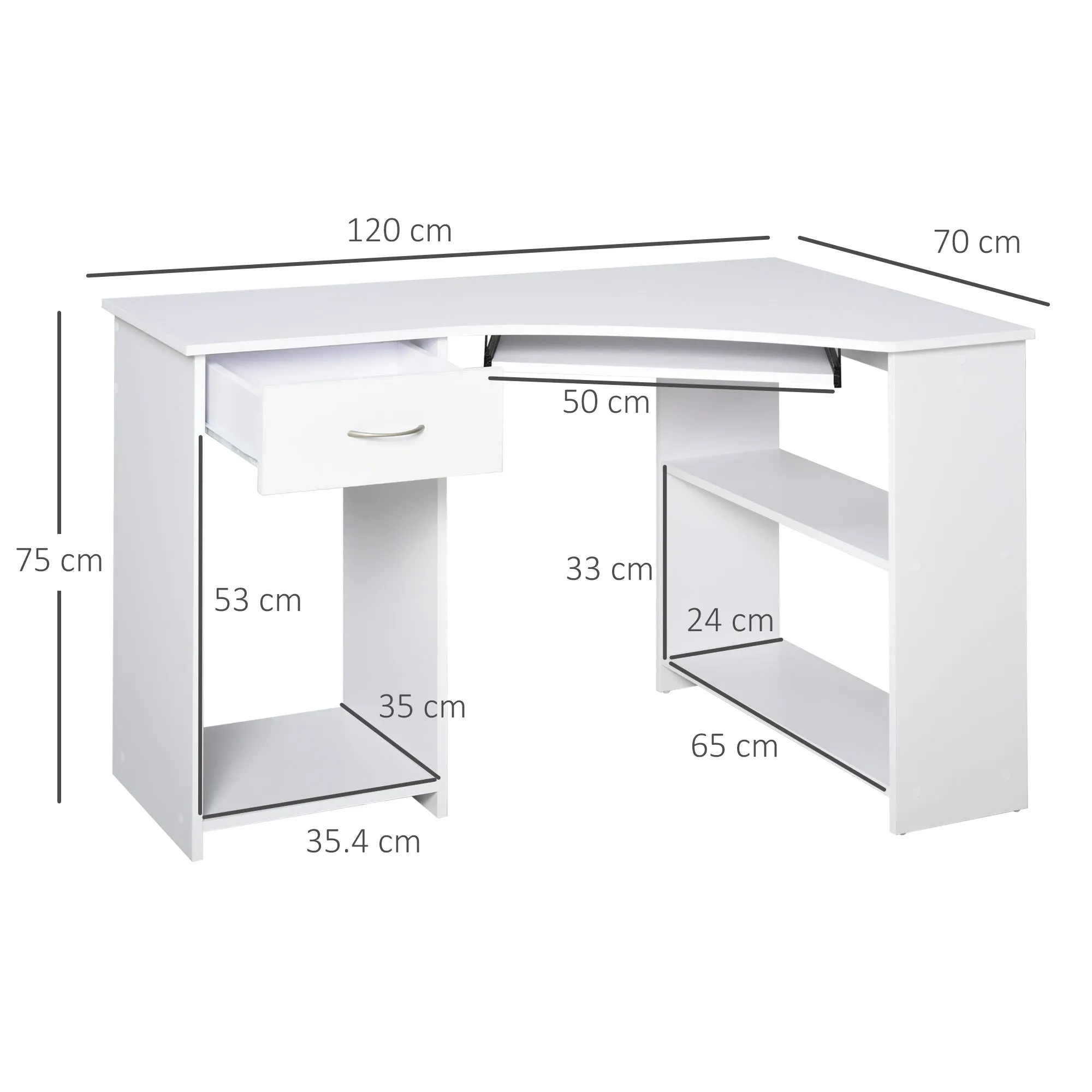 L-Shaped Corner Computer Desk w/ 2 Shelves Wide Worktop Keyboard Tray Drawer & CPU Stand Home Office Study Bedroom Furniture White