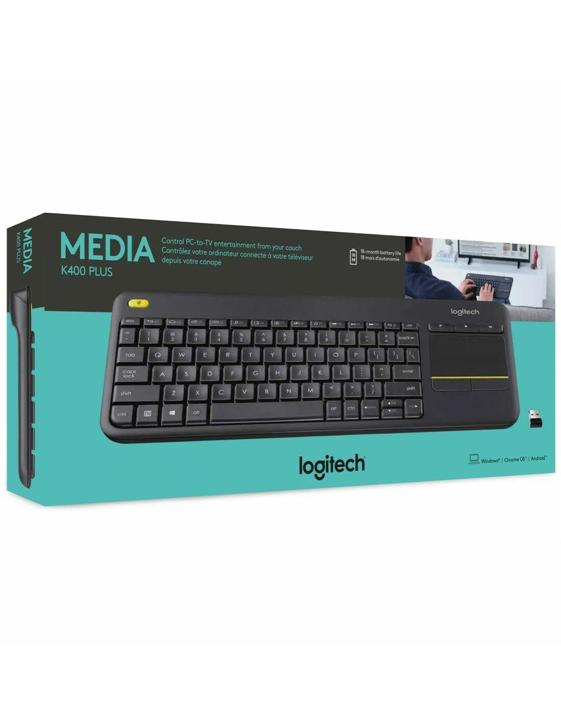 Logitech K400 Plus Wireless Touch Keyboard (Built-in Touchpad/ Easy Media Controls) for TV, Windows, Android, Chrome OS, Laptop, Tablet - Black